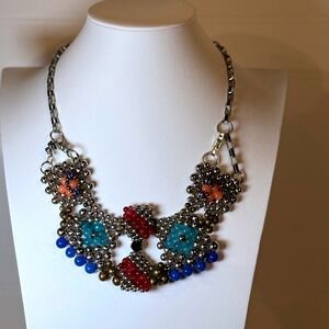 Pam Hiran Beaded Statement‎ Necklace Bib Silver Blue Red Orange Colorful
